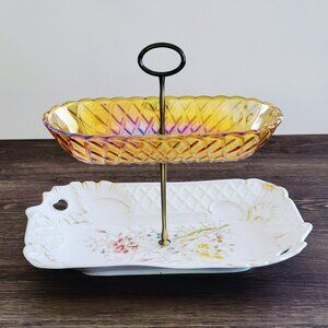 Unique Mismatched 2-Tiered Dessert Stand, Floral & Iridescent Orange Glass